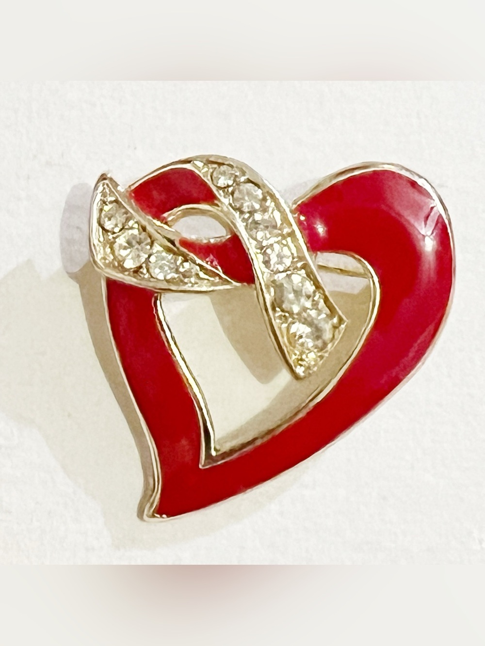 Red Heart Enamel Brooch Clear Rhinestones